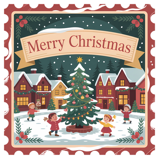 A festive Christmas illustration with children playing around a decorated tree in a snowy village, under a banner that reads “Merry Christmas.”.