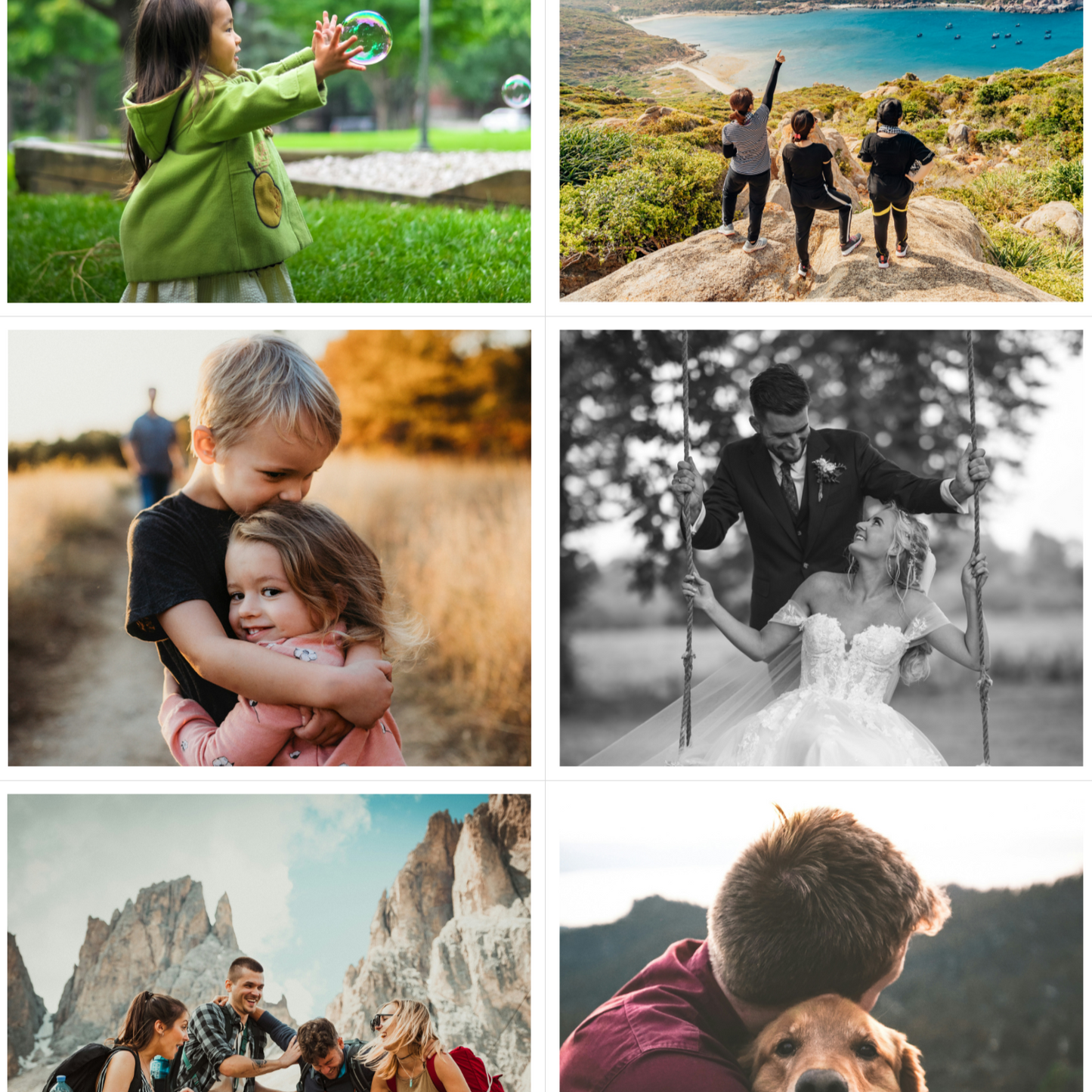 Collage of various photos including a child playing, a couple embracing, and a group hiking.
